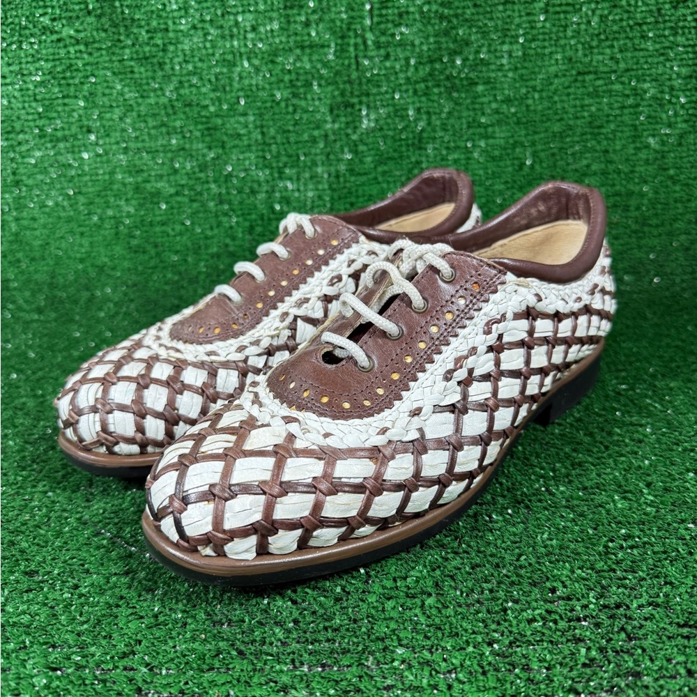 Aerogreen Summer Woven Leather Golf/Walking Oxfords Brown Cream